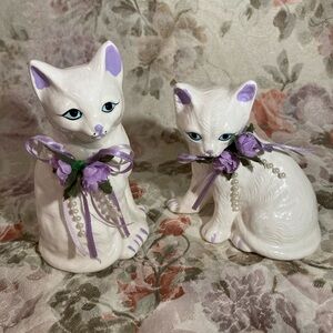 Vintage Ceramic Cat Pair with Floral Details